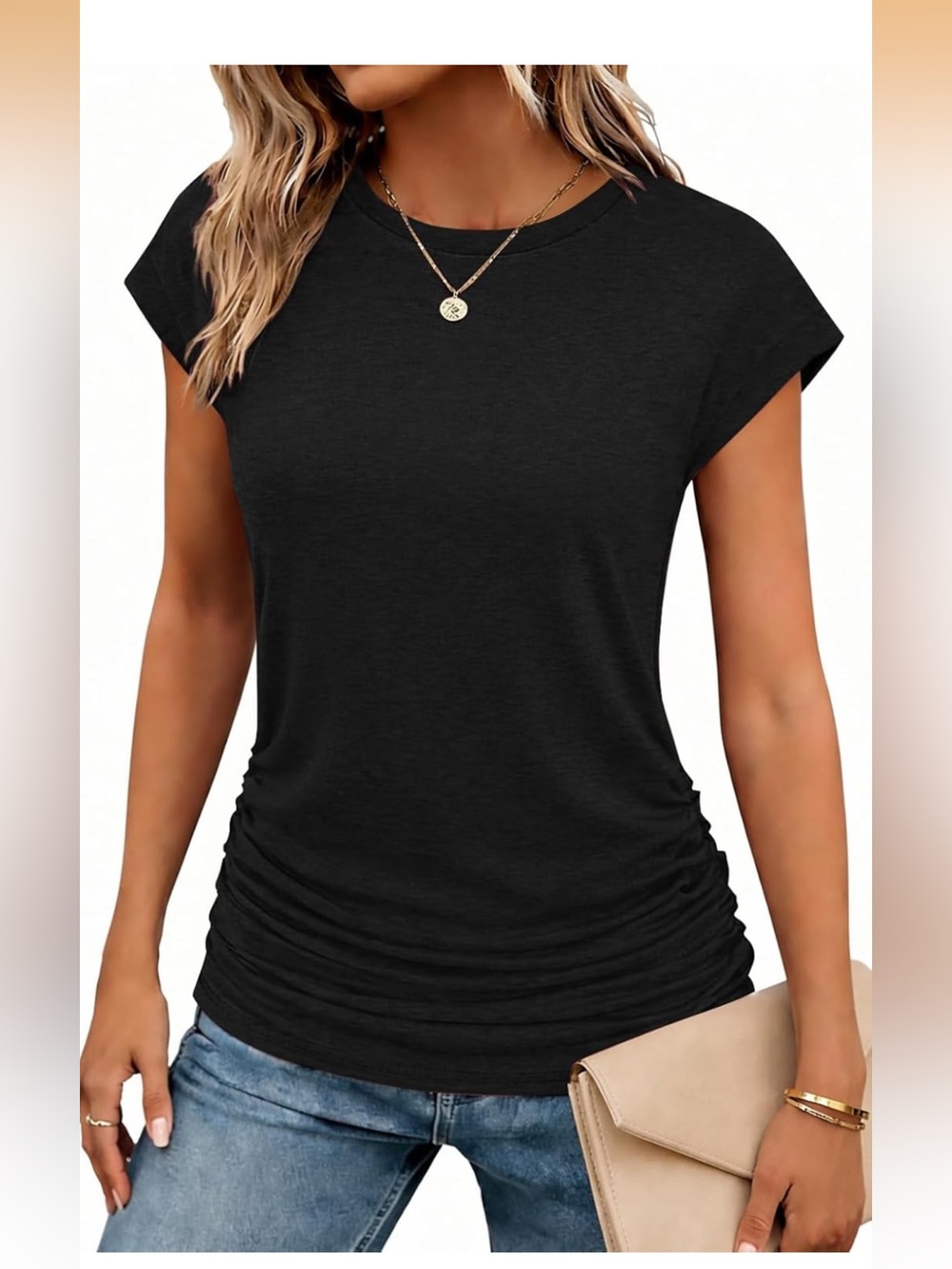 Women’s New Black Ruched Side Tee - Women Tops X-Large